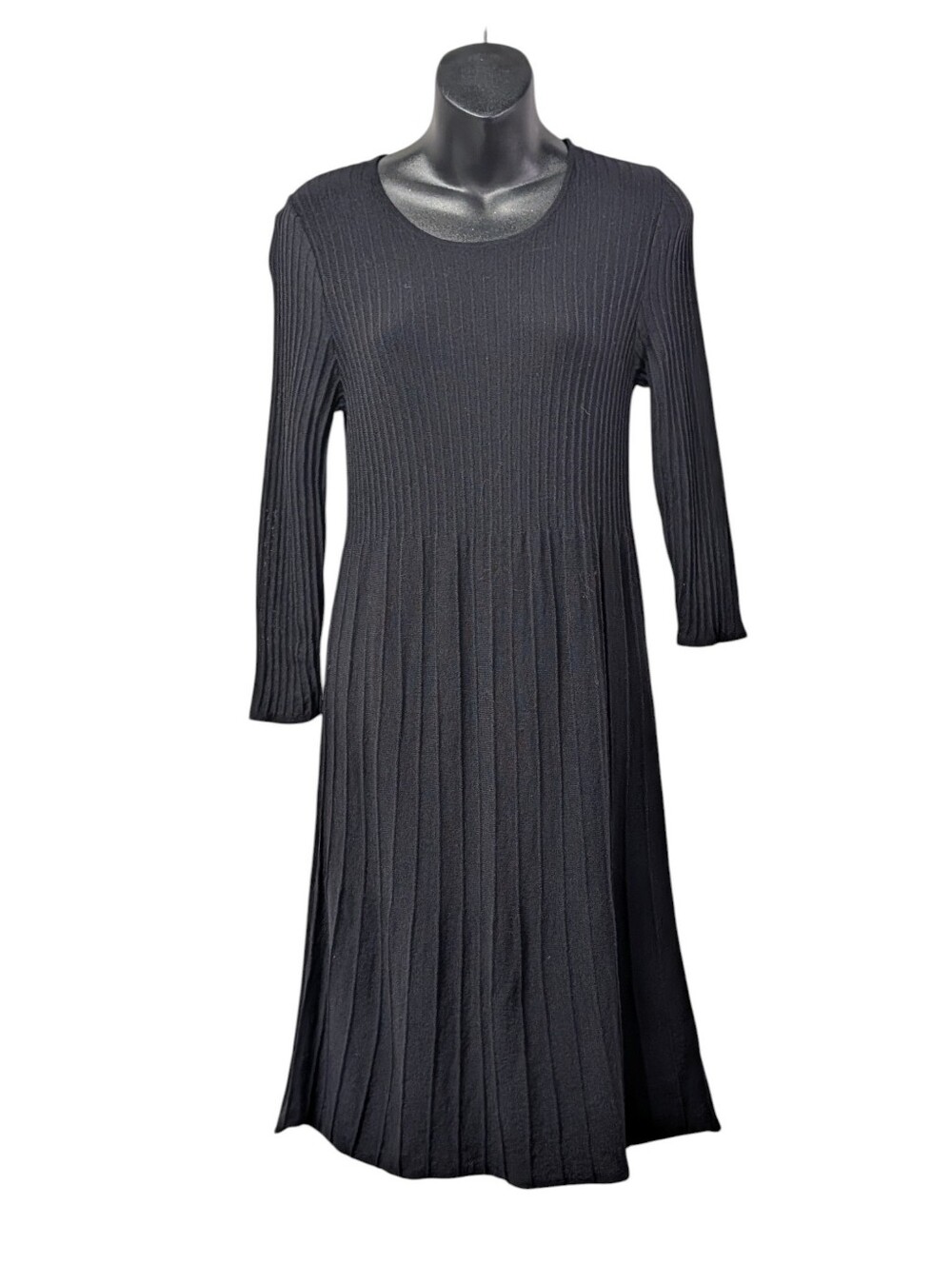 Eileen Fisher Women's Black 100% Wool Knit Pleated Midi Dress XS 3/4 Sleeve